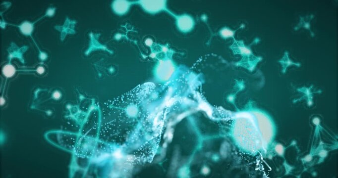 Nodes pulsing, particle ribbon condensing into waves, rising right, visualizing molecular network