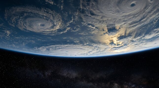 Planet Earth from space showing multiple massive cyclones and stars