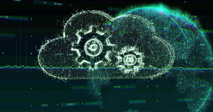 Particle cloud forming from falling column, rotating gears pulsing and dispersing showing data flow
