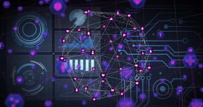 On load wireframe orb loading, nodes pulsing, icons blinking, circuits extending, showing data flow