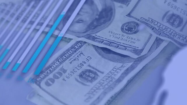 Starting blurred blue code, US bills drifting and stacking while bars sliding, showing growth