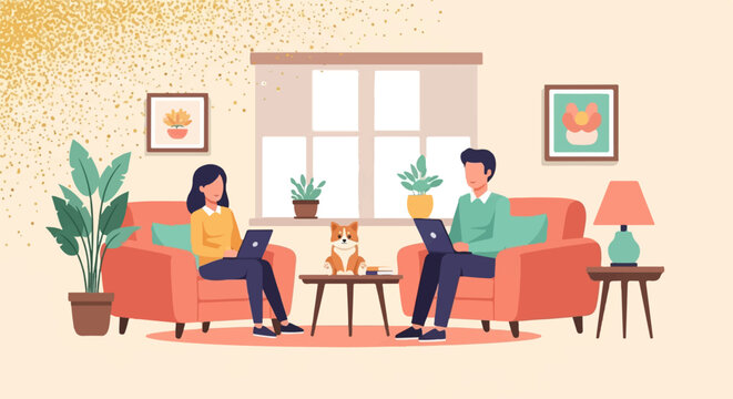 Cozy living room scene with people, dog, plants, and golden sprinkles