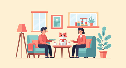Fototapeta premium Cozy interior scene with two people and a dog sharing a pleasant moment