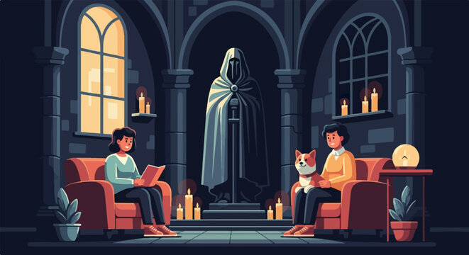 Cozy interior scene with people, a dog, and mysterious statue, illuminated by candles