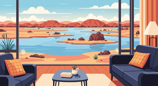 Cozy living room view overlooking a serene desert oasis with mountains