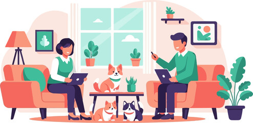 Naklejka na ściany i meble Cozy home scene with people and pets working, plants, and a large window view