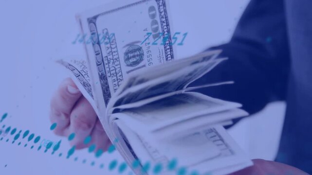 Thumb starting riffle, hands fanning cash while teal waveform and numeric labels showing cash flow