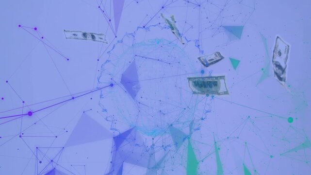 Network points initiating gear-like ring assembling while dollars orbiting, showing money flow