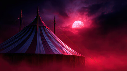 Mysterious Fantasy Circus Tent Under Dark Moonlit Sky with Cinematic Atmosphere and Enigmatic Clouds in Background