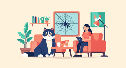 Cozy living room with people and pets enjoying indoor activities