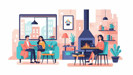 Fototapeta premium Cozy living room with people working on laptops by a fireplace