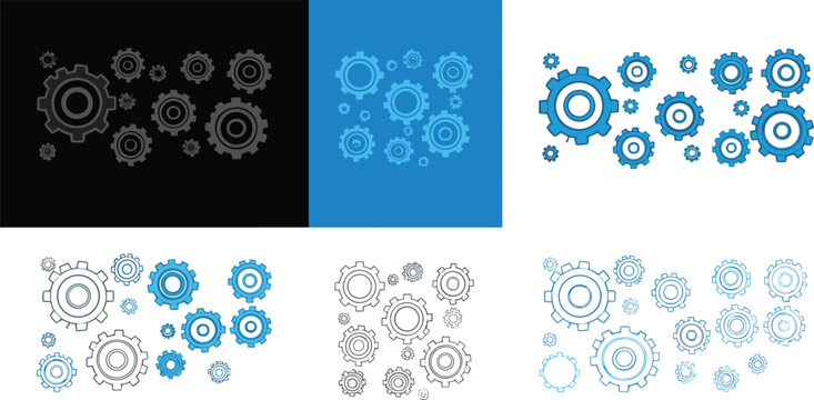 Gear and cogwheel icon set with mechanical system parts teamwork engineering concept blue black vector illustrations isolated
