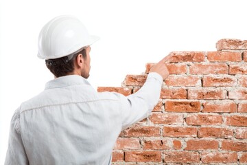 Construction worker pointing at unfinished brick wall