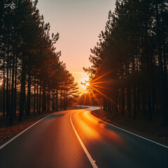 long road with pine trees on the side and sunset view