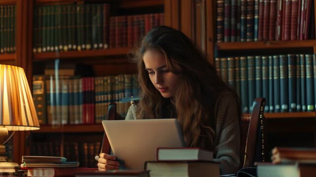 Woman reading a book in a library with leather bound books on shelves and a desk lamp providing light.