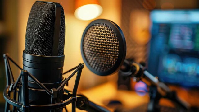 A professional recording studio setup with two microphones on desks against a blurred background of monitors and screens.
