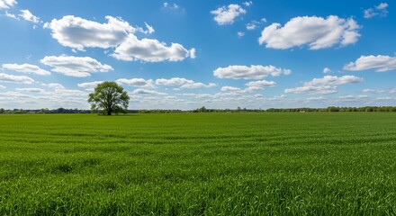 Fototapeta premium Lush Green Field with Solitary Tree under a Bright Blue Sky.