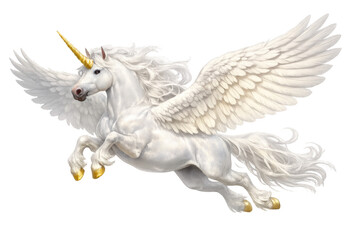 White alicorn, a winged unicorn with golden horn and hooves, flying in a dynamic pose. Transparent background
