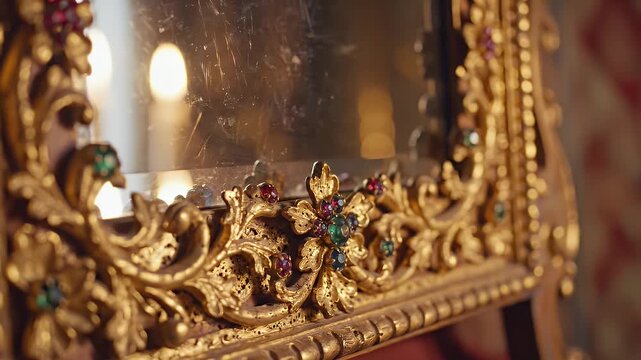 Ornate gold mirror frame adorned with colorful gemstones and intricate carvings