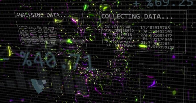 Central 3D cluster forming from hovering tri slice neon mass rippling HUD collecting analysing data