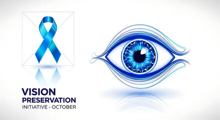 Obraz premium blue awareness ribbon and stylized eye symbolizing octobers vision preservation initiative promoting essential eye health awareness.