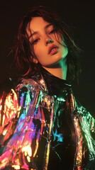 Model Posing in Iridescent AI-Fabric Fashion Coat