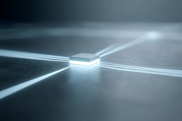 Glowing microchip with laser beams in futuristic tech environment