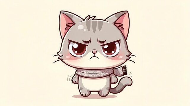 Cute Grumpy Cat with Scarf Cartoon Illustration.
