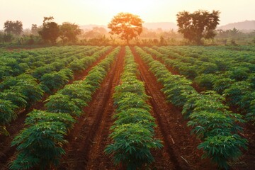 Rows of Cassava Plants Stretching Across Farmland