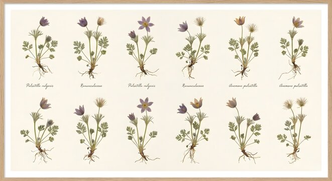 Antique Botanical Scientific Illustration Grid of Various European Field Plants and Flowers