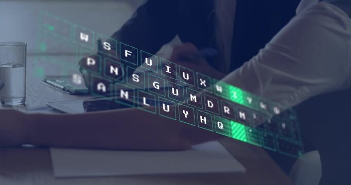 Female tapping tablet male pointing pen starting AR keyboard lighting keys for business review