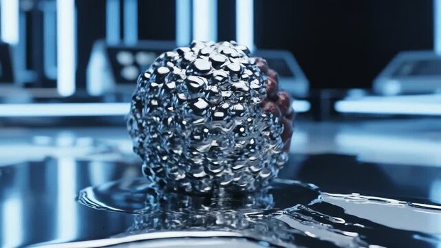 A close-up 3d render of a highly textured liquid metal sphere aggregating in a cold, futuristic blue and silver high-tech laboratory environment.