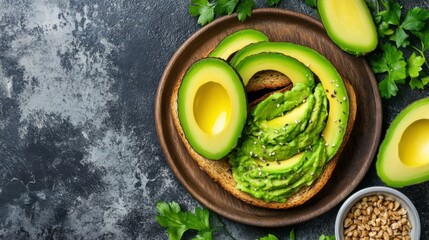 Whole grain toast with mashed avocado and fresh herbs