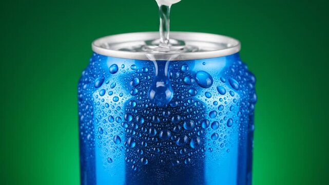 Chilled blue soda can with condensation on green background