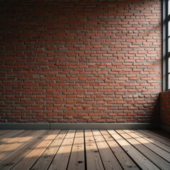 Fototapeta premium Rustic brick wall with wooden floor, natural light creating shadows, warm tones, inviting atmosphere, interior design, home decor