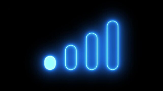 Animated signal strength indicator decreasing from full to empty with a glowing blue neon effect, representing weak connection, network loss, and wireless communication problems
