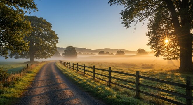 Misty Morning Road - A Serene Countryside Landscape at Sunrise.