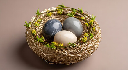 Fototapeta premium Bird's Nest Constructed from Metallic Gold Wire and Spring Buds Containing Polished Stone Eggs on Soft Taupe Background - Easter Renewal Symbolism