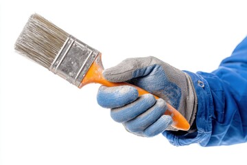 Worker's gloved hand cleaning paintbrush isolated