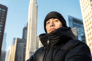 Young Man in Winter Jacket with City Skyline