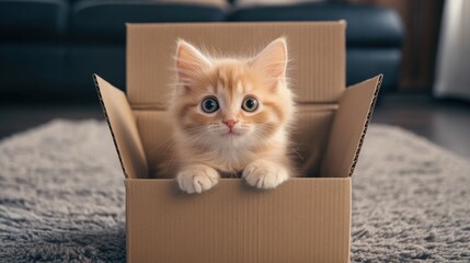 Adorable Orange Kitten Sitting Inside Cardboard Box