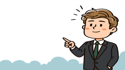 Illustration of Insightful Guidance: An animated business figure, smartly dressed, points with purpose, expressing ideas.