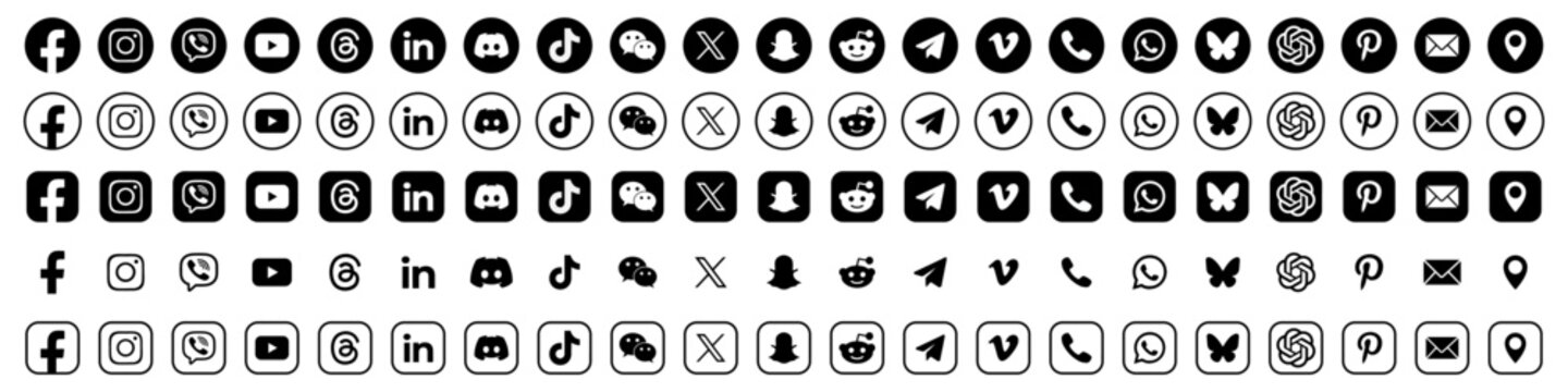New updated social media network icons set 2026 black & white. Facebook, Instagram, X, LinkedIn, YouTube, Phone, Location, Web. Most popular social media & contact icon set 2026. 