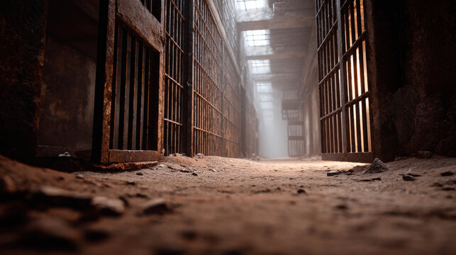 Abandoned Prison with Decayed Interiors and Open Cell Doors Illuminated by Soft Light in a Dusty Environment