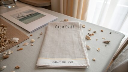 Serene Coastal Table Setting with Shells and Nautical Theme in Bright, Airy Room by the Window
