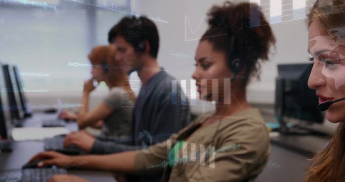 Support agents typing, call ringing, fourth joining speaking, chart overlays on PCs guiding tasks