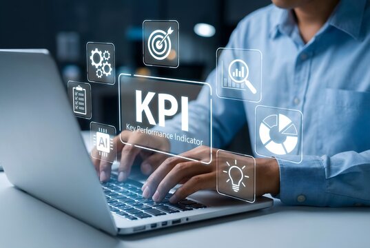 Business professional analyzing kpi metrics on a laptop in a modern workspace