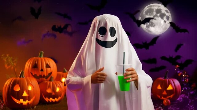 Smiling ghost in white sheet costume.