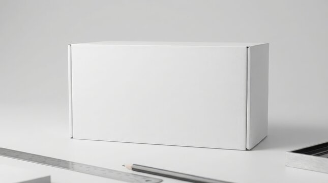 White rectangular box on a desk with a pencil and ruler