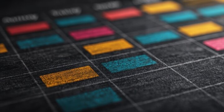 School Blackboard Routine concept. Colorful chart with labels and highlighted sections on a dark background.